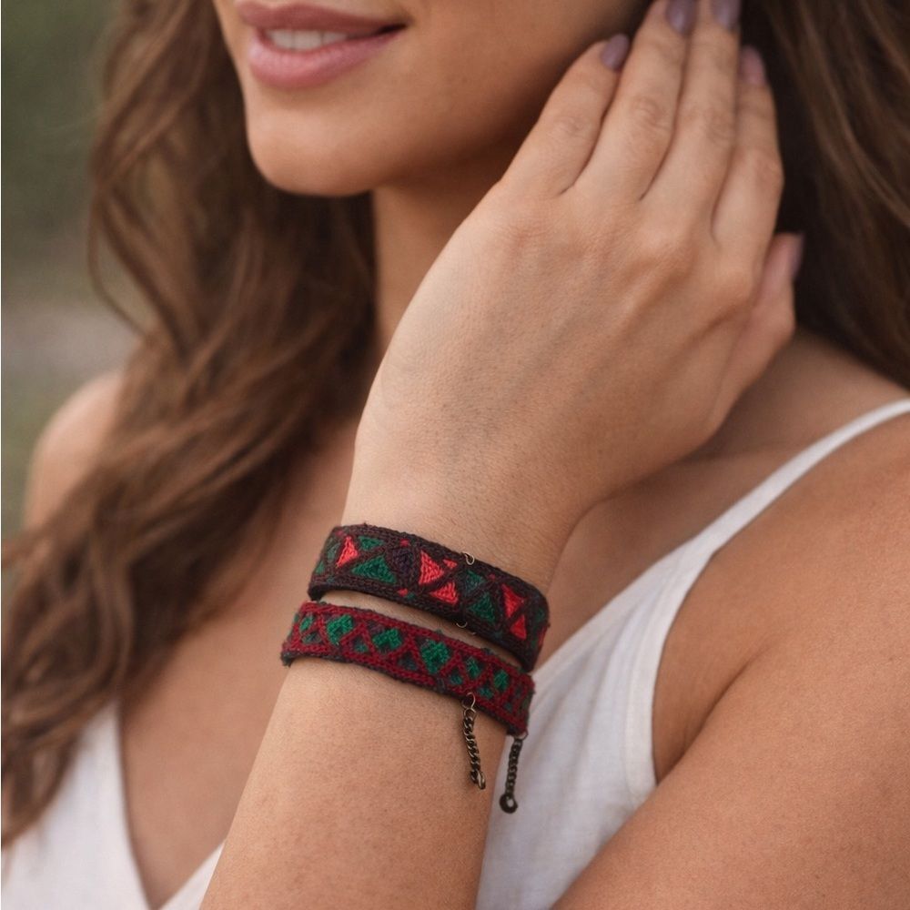 Artisan Red and Green Woven Bracelet Set